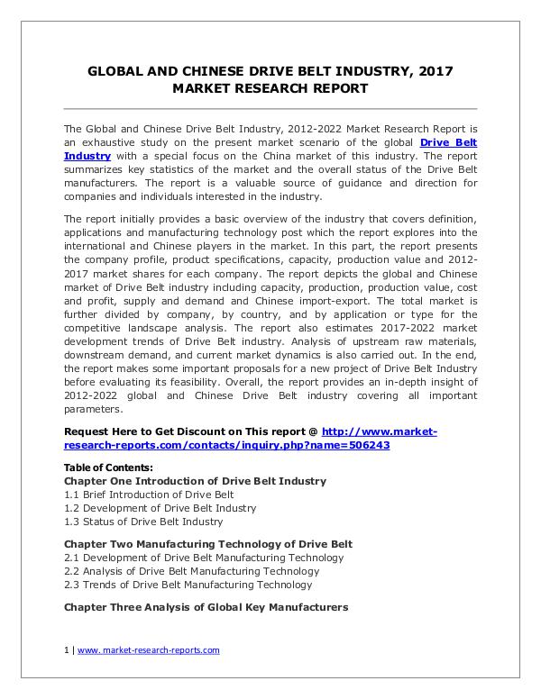 2017 Drive Belt Industry Report – Global and Chinese Market Scenario Drive Belt Market Trends and 2022 Forecasts for Ma