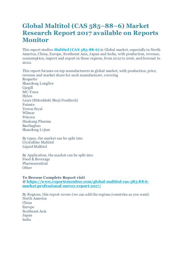 Global Maltitol (CAS 585–88–6) Market Report 2017