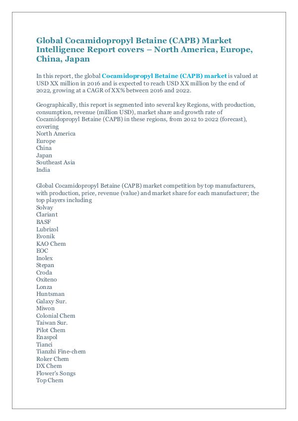 Cocamidopropyl Betaine (CAPB) Market Report