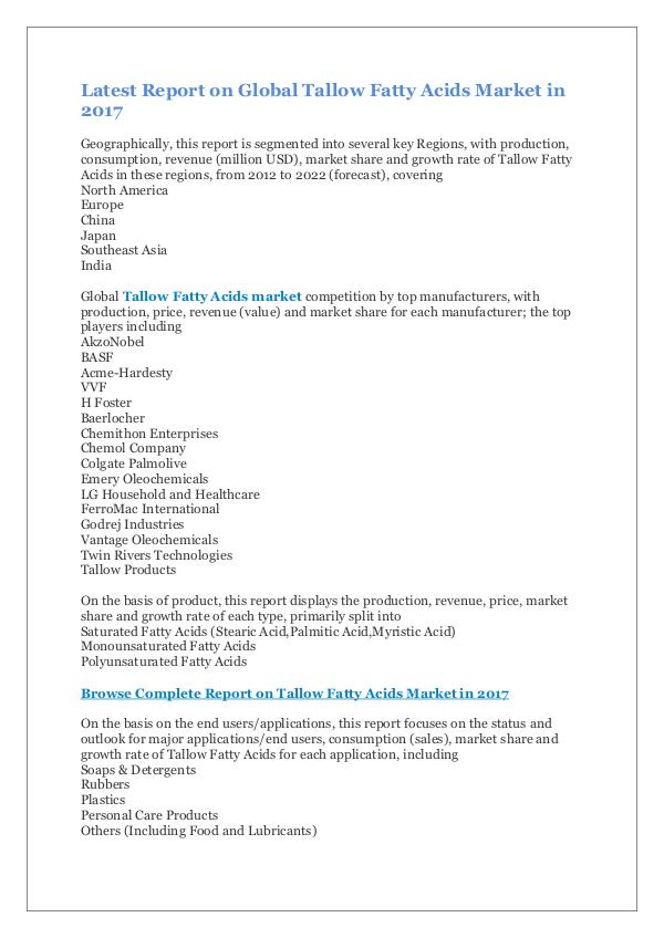 Market Research Reports Latest Report on Global Tallow Fatty Acids Market