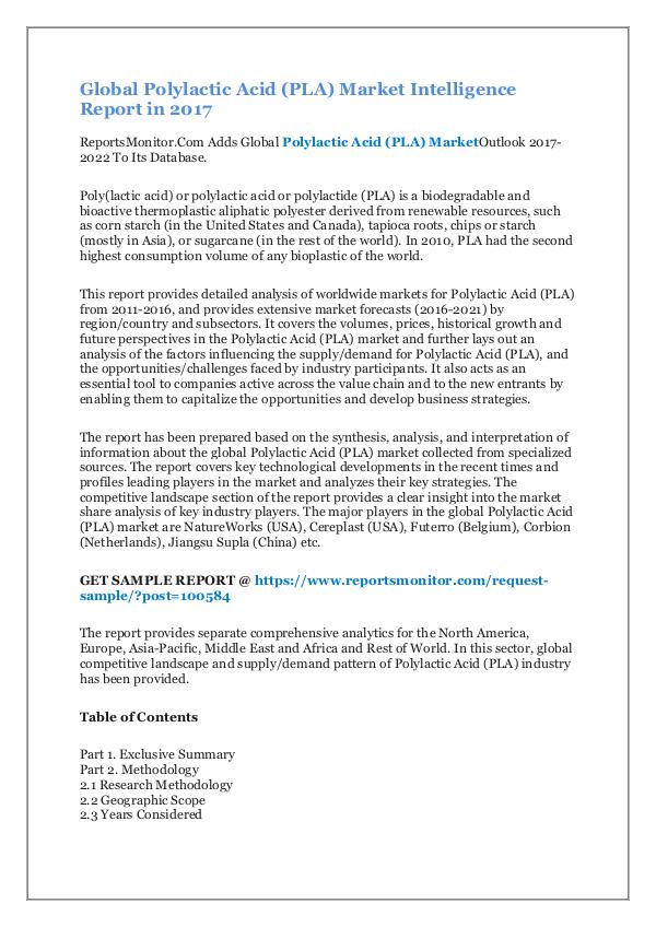 Polylactic Acid (PLA) Market Intelligence Report