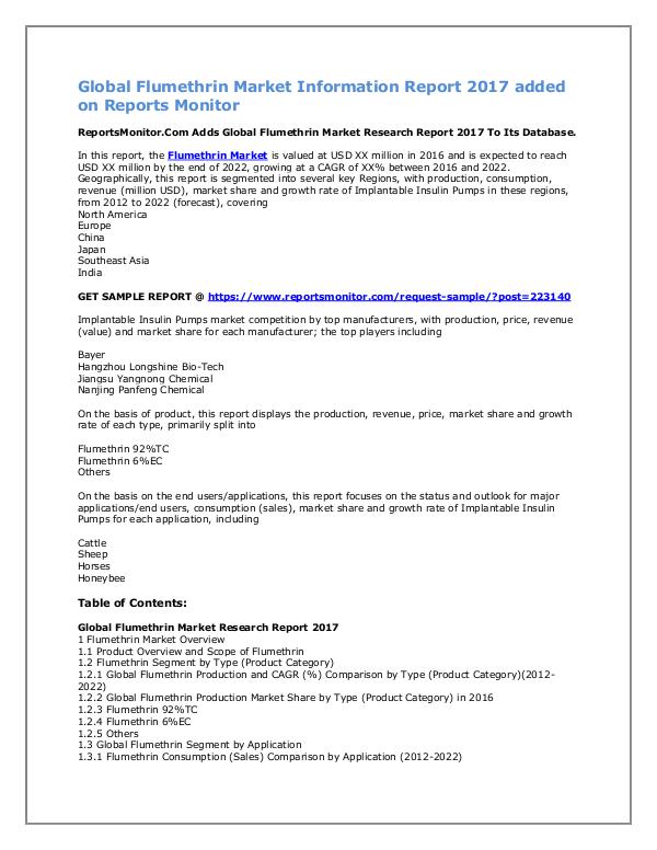 Global Flumethrin Market Information Report 2017