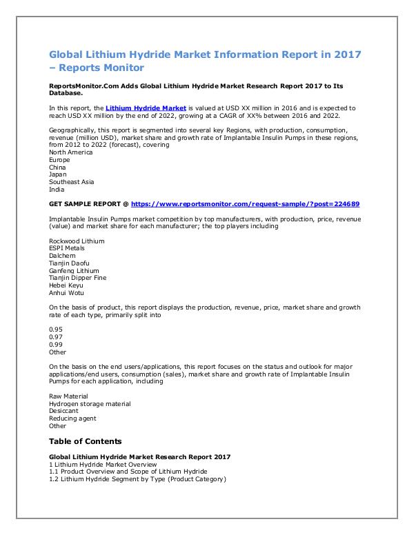 Global Lithium Hydride Market Information Report