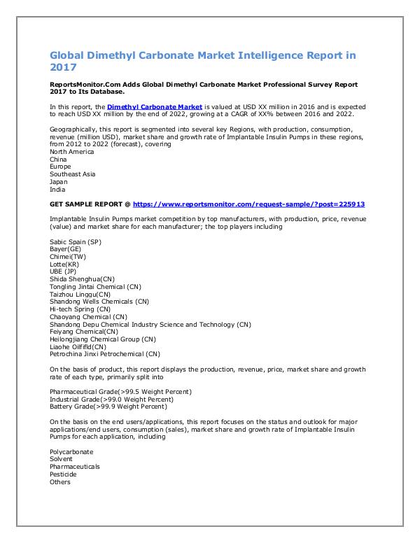 Dimethyl Carbonate Market Intelligence Report 2017