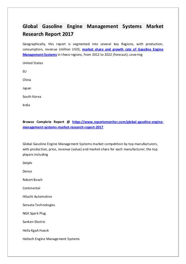Reports Monitor Gasoline Engine Management Systems Market Research