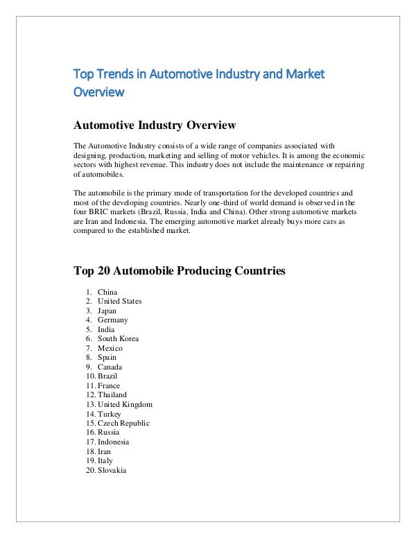 Reports Monitor Trends in Automotive Industry and Market Overview