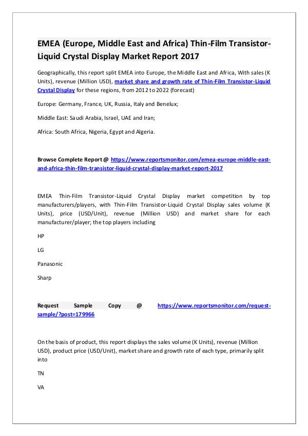 Reports Monitor Thin-Film Transistor-Liquid Crystal Display Market