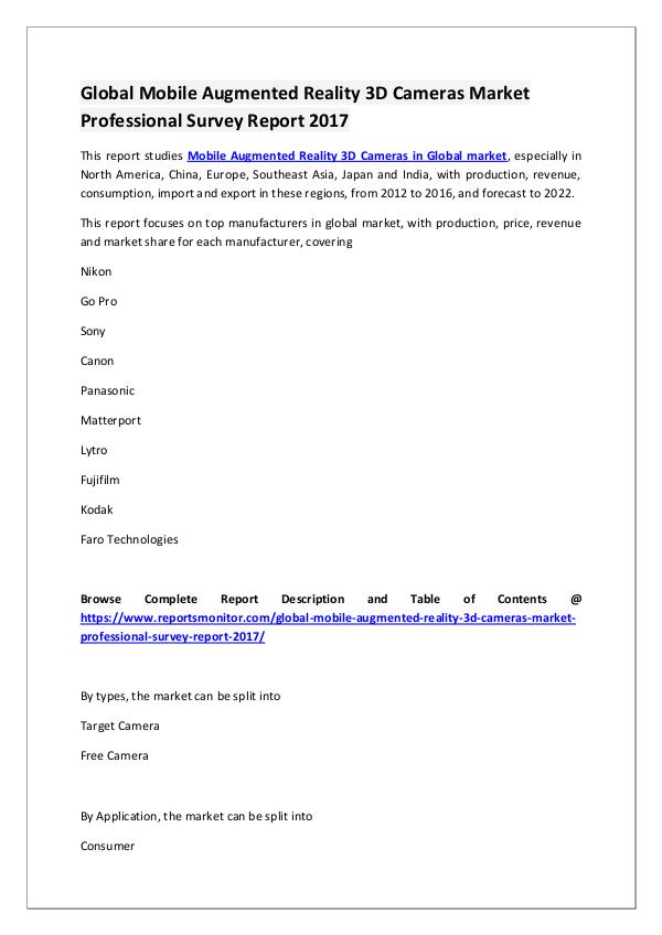 Reports Monitor Mobile Augmented Reality 3D Cameras Market Report