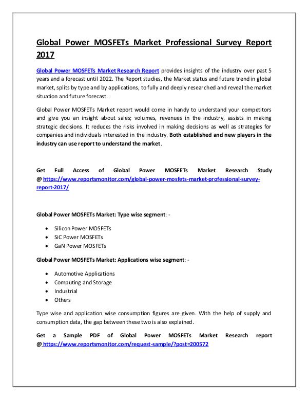 Reports Monitor Global Power MOSFETs Market Research Report