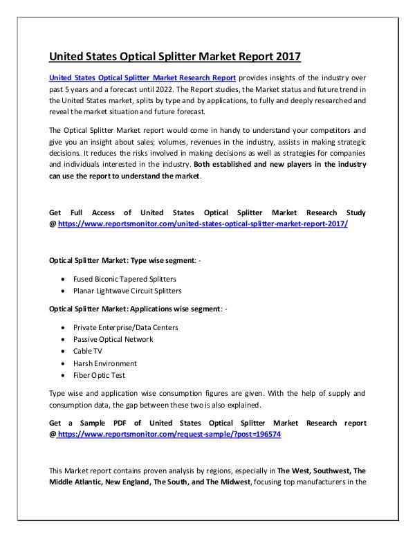 Reports Monitor United States Optical Splitter Market Report