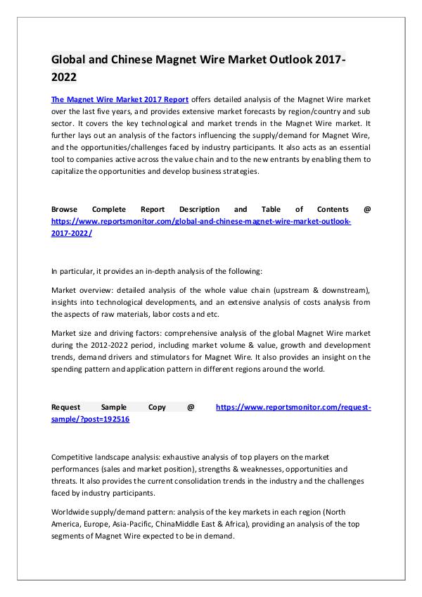 Reports Monitor Global and Chinese Magnet Wire Market Research