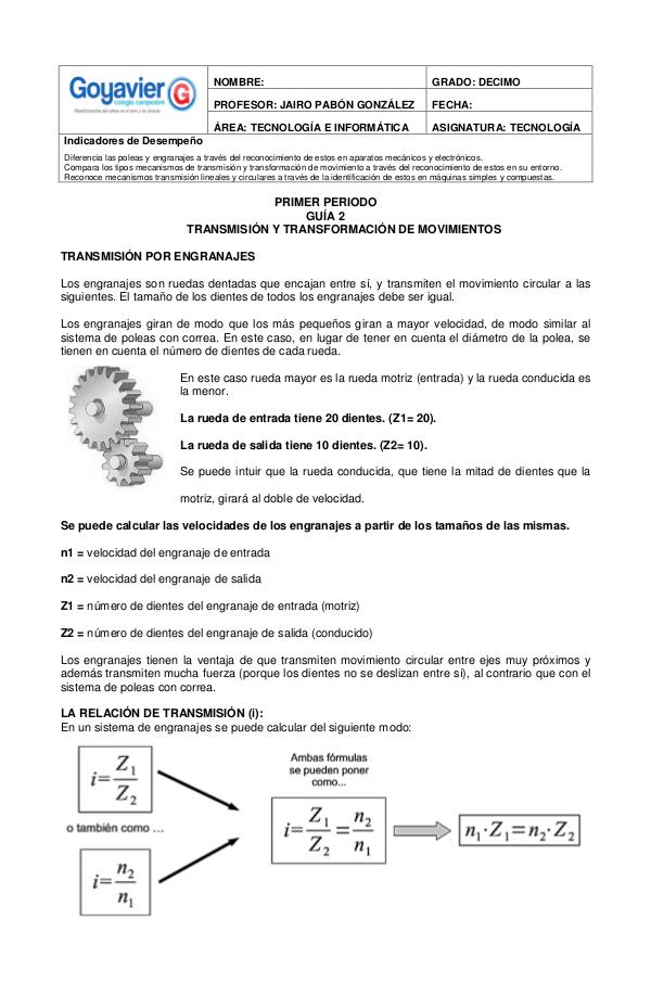 Examen practico Los engranajes tienen la ventaja de que transmiten