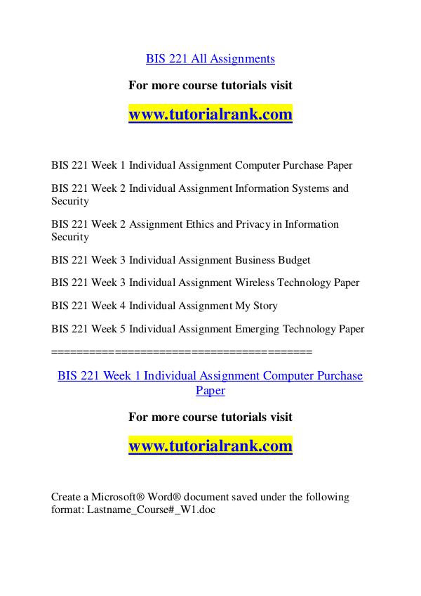 BIS 221 Experience Tradition / tutorialrank.com BIS 221 Experience Tradition / tutorialrank.com