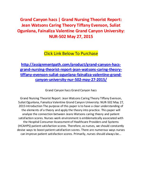 Grand Canyon hacs | Grand Nursing Theorist Report: Jean Watsons Carin Grand Canyon hacs | Grand Nursing Theorist Report: