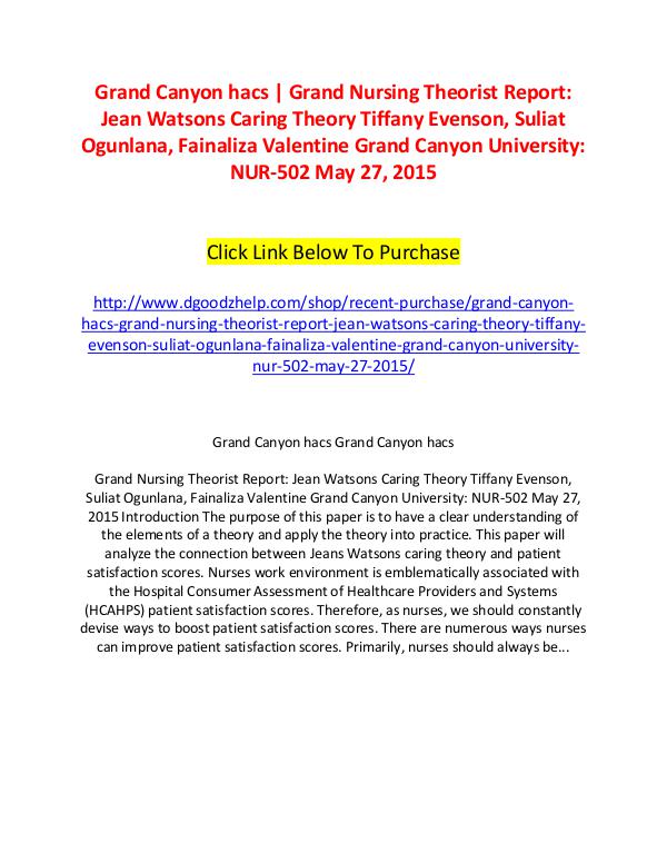 Grand Canyon hacs | Grand Nursing Theorist Report: Jean Watsons Carin Grand Canyon hacs | Grand Nursing Theorist Report: