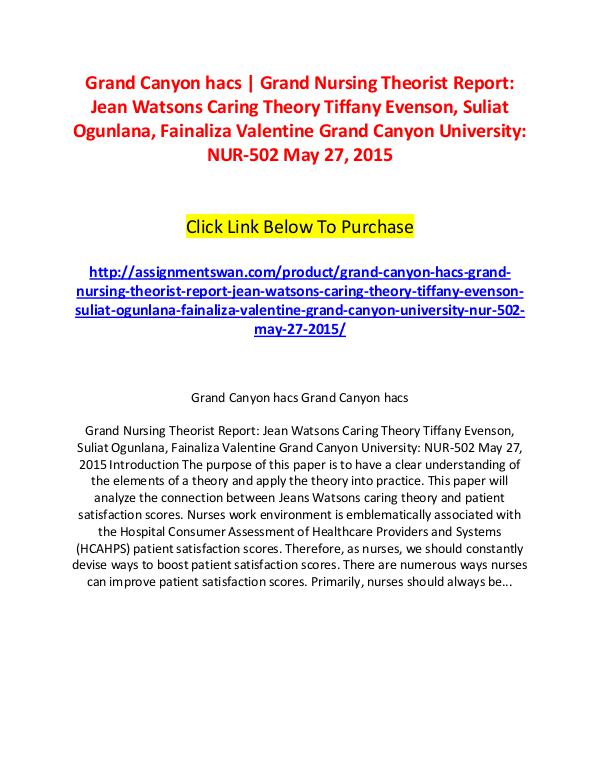 Grand Canyon hacs | Grand Nursing Theorist Report: Jean Watsons Carin Grand Canyon hacs | Grand Nursing Theorist Report: