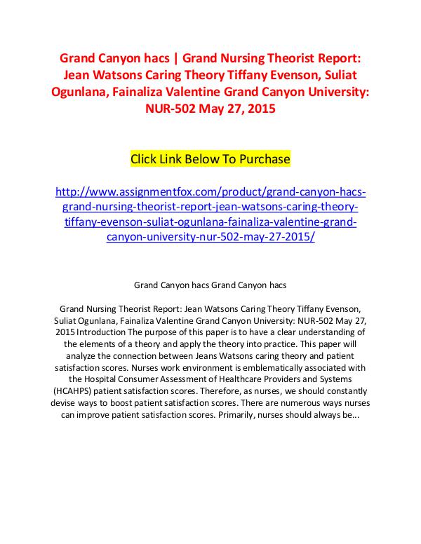 Grand Canyon hacs | Grand Nursing Theorist Report: Jean Watsons Carin Grand Canyon hacs | Grand Nursing Theorist Report: