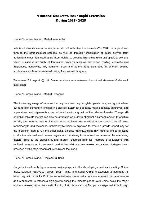 N Butanol Market to Incur Rapid Extension During 2017 - 2025 Report 8th june