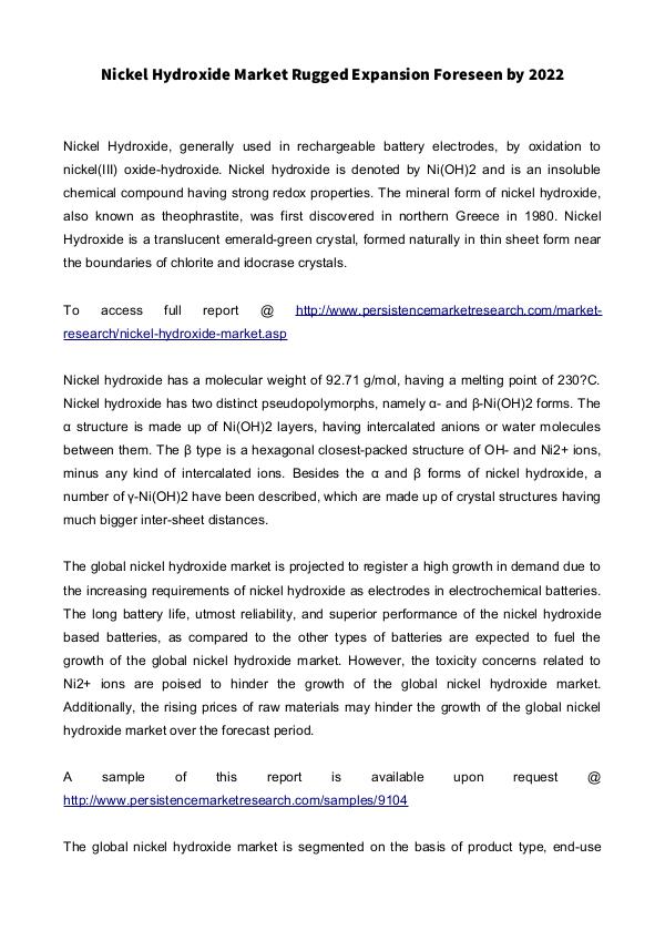 Nickel Hydroxide Market: Global Industry Analysis