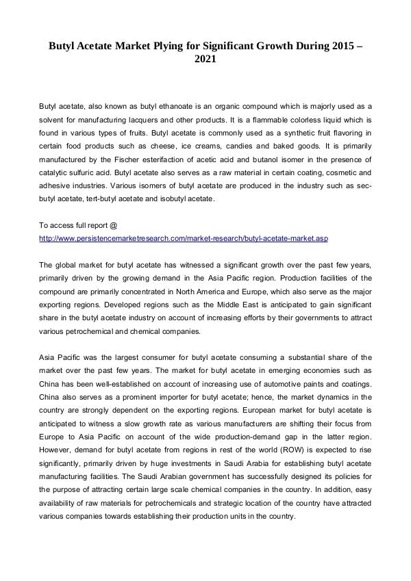 Butyl Acetate Market Plying for Significant Growth During 2015 – 2021 22nd June