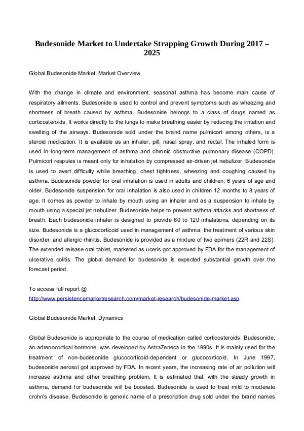 Budesonide Market to Undertake Strapping Growth During 2017 - 2025 23rd June 3