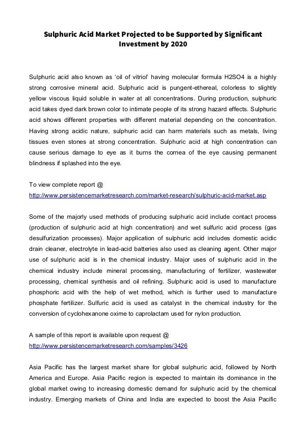 Sulphuric Acid Market Projected to be Supported by Significant Invest 29th June