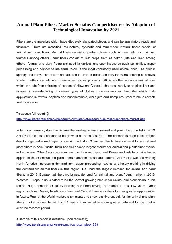 Animal Plant Fibers Market Sustains Competitiveness by Adoption of Te 3rd July.2