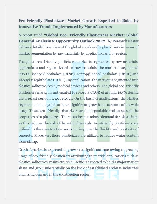 Eco -Friendly Plasticizers Market Demand Analysis