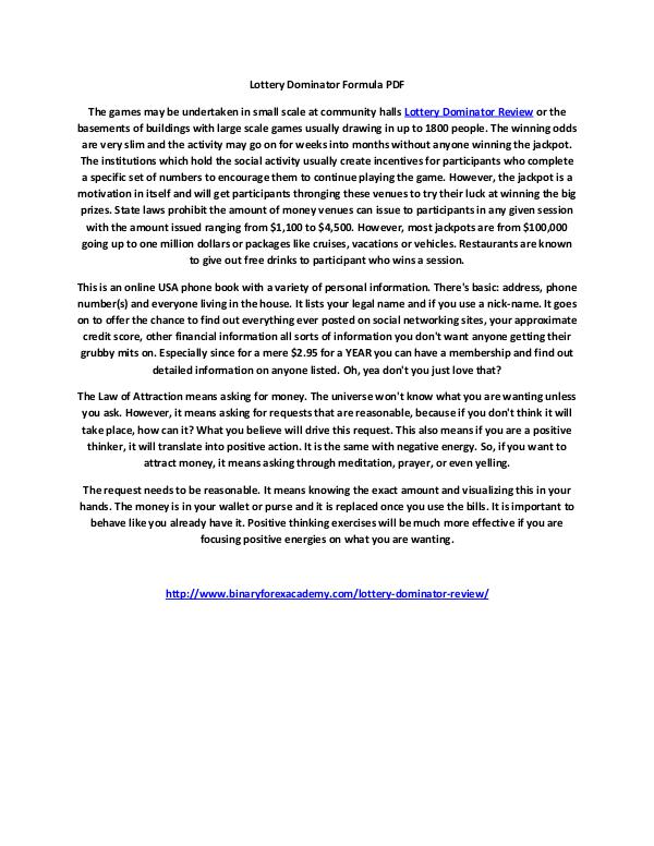 Lottery Dominator Formula PDF Lottery Dominator Formula PDF