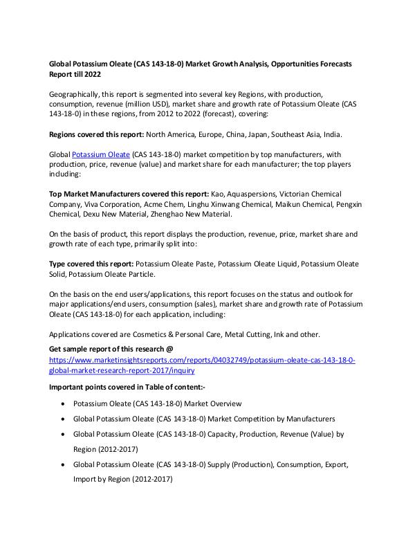 Global Potassium Oleate (CAS 143-18-0) Market 2017 Global Potassium Oleate (CAS 143-18-0) Market 2017