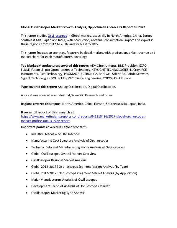 Global Oscilloscopes Market Growth Analysis, Opportunities Forecasts till 2022