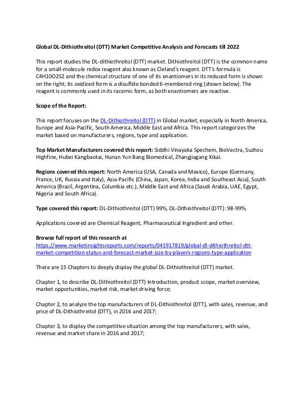 Global DL-Dithiothreitol (DTT) Market Competitive Analysis and Forecasts till 2022