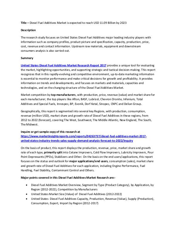 Diesel Fuel Additives Market is expected to reach USD 11.09 Billion by 2023