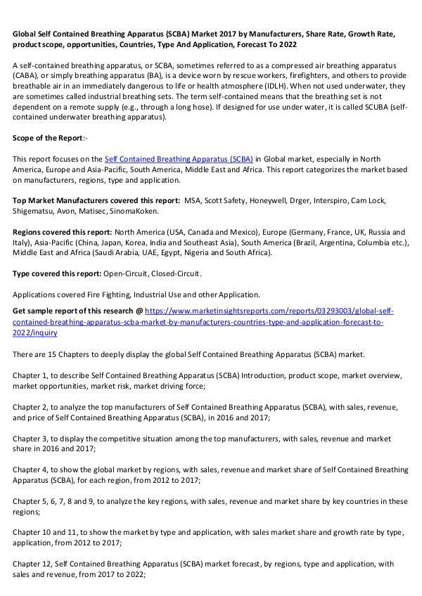 Global Self Contained Breathing Apparatus (SCBA) Market 2017 Global Self Contained Breathing Apparatus market