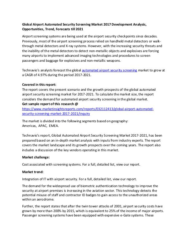 Global Airport Automated Security Screening Market 2017 Global Airport Automated Security Screening Market