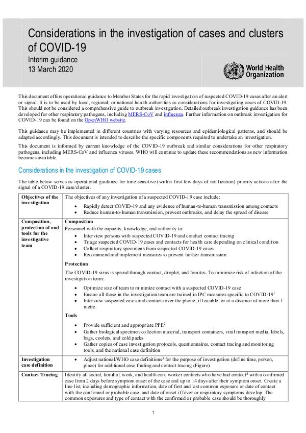 Considerations in investigation of COVID-19 cases