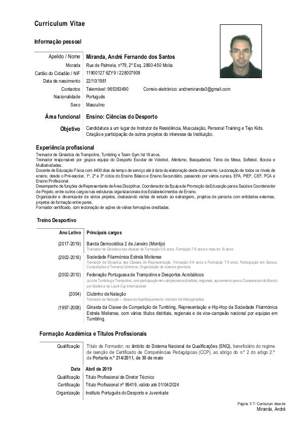 Curriculum Vitae André Miranda Curriculum Vitae com certificados FitTejo André Mi