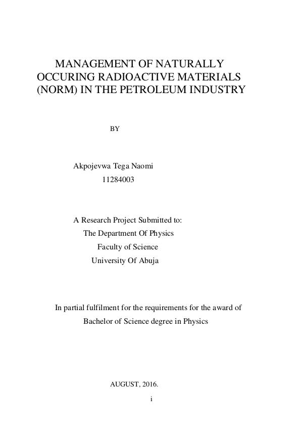 MANAGEMENT OF NORM  IN THE PETROLEUM INDUSTRY Akpojevwa Tega Naomi, october 2016