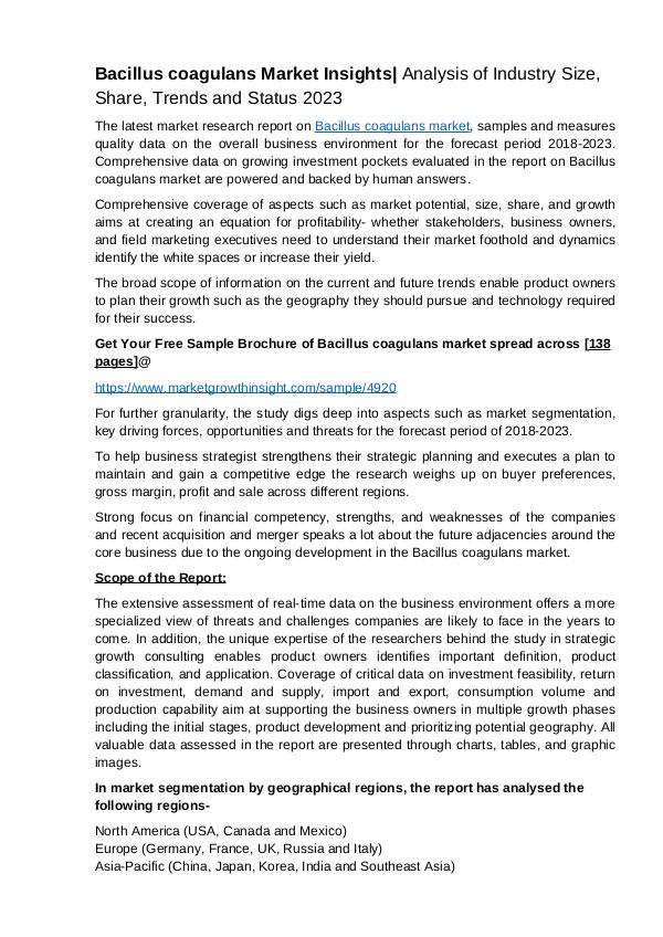 Bacillus coagulans market Insights | Market Size, Share,Trends 2023 Bacillus coagulans Market Insights