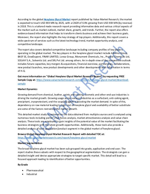 Hexylene Glycol Market 2018-2025 Industry Analysis