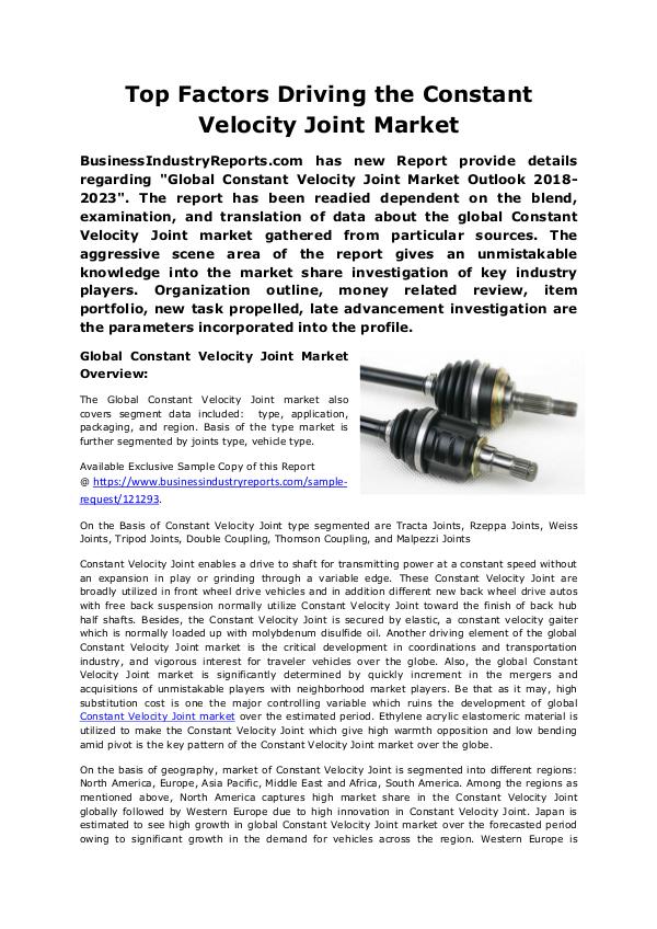 Constant Velocity Joint Market 2018