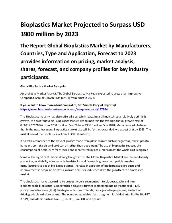 Market Analysis Report Global Bioplastics Market Report 2019