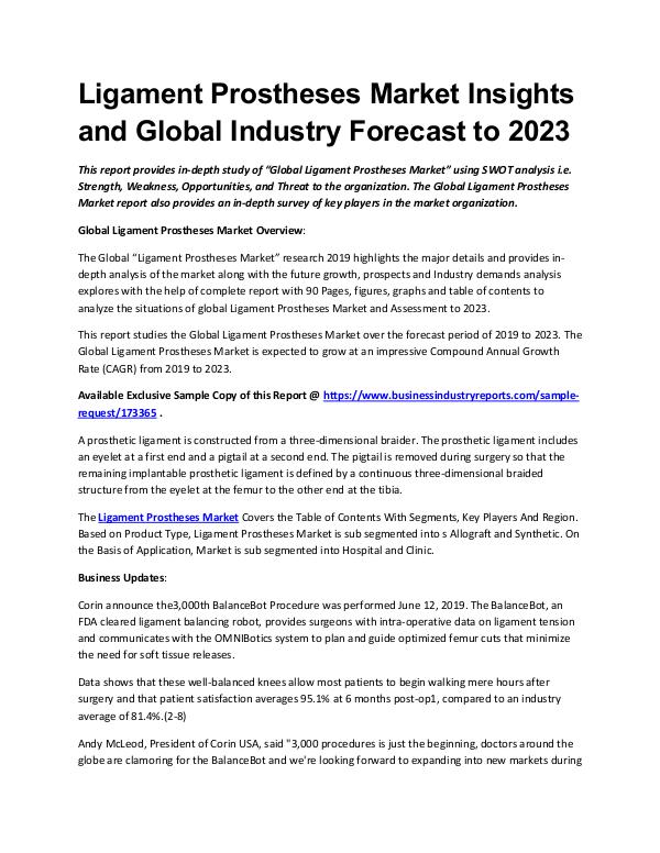 Ligament Prostheses Market Report 2019 - 2023