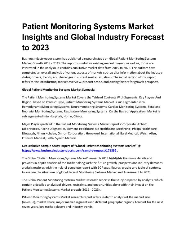 Patient Monitoring Systems Market Report 2019 - 20