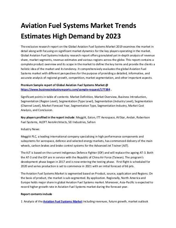 Market Analysis Report Aviation fuel systems market Analysis by 2023