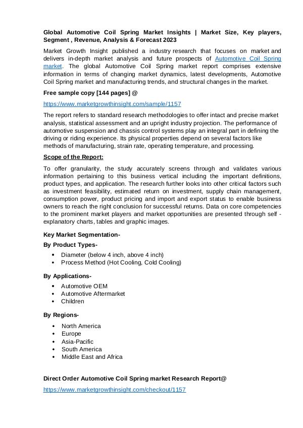 Automotive Coil Spring market Insights and Analysis by 2023 Automotive Coil Spring Market Insights - Global An