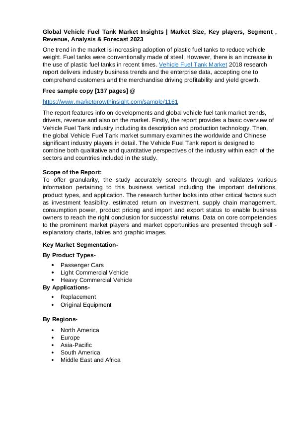 Vehicle Fuel Tank Market Insights and Analysis by 2023 Vehicle Fuel Tank Market Insights - Global Analysi