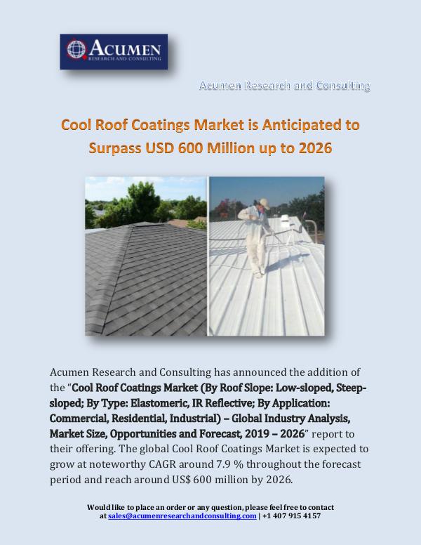 Acumen Research and Consulting Cool Roof Coatings Market is Anticipated to Surpas