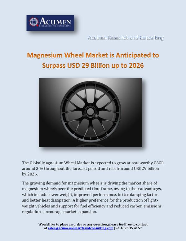 Acumen Research and Consulting Magnesium Wheel Market is Anticipated to Surpass U