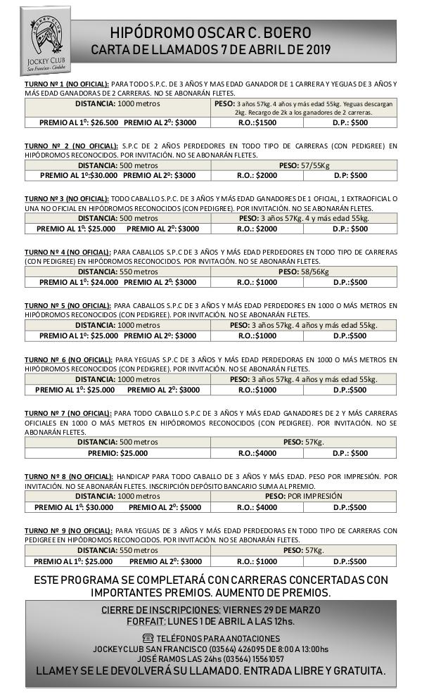 CARTA LLAMADOS SAN FRANCISCO 7 DE ABRIL CARTA ABRIL 2019